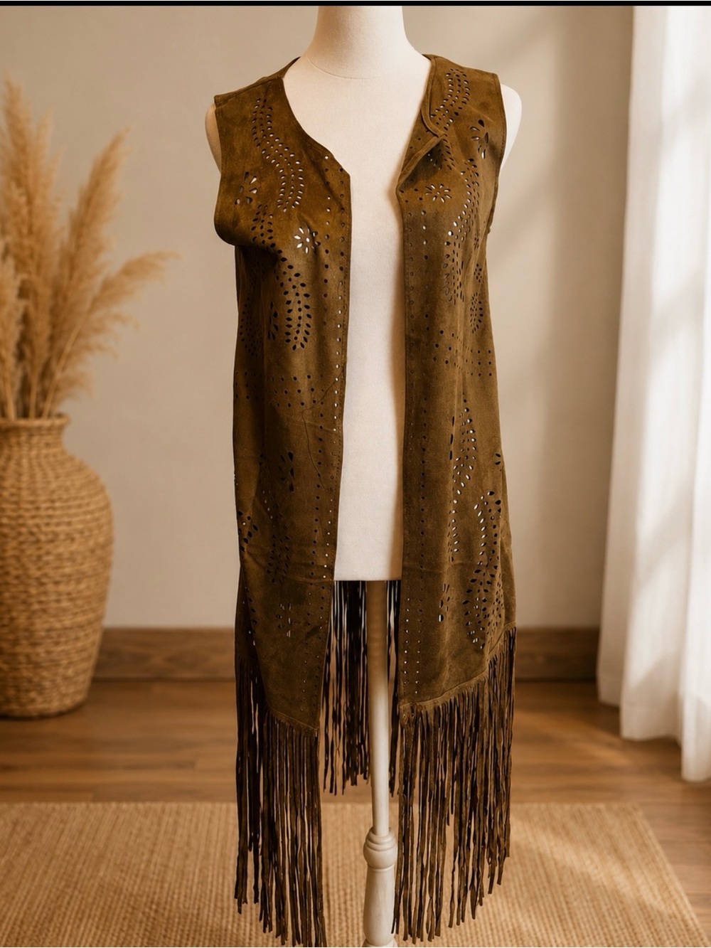 Olive Suede Fringe Vest - Women's Sleeveless